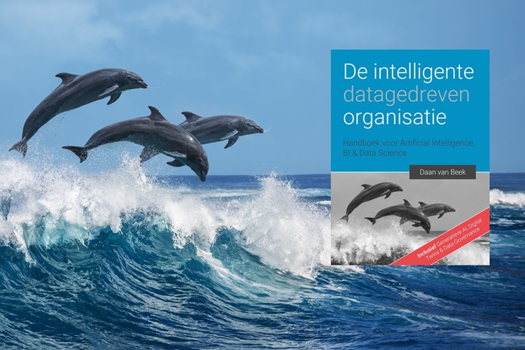 Springende dolfijnen in zee met cover boek ‘De intelligente, datagedreven organisatie’