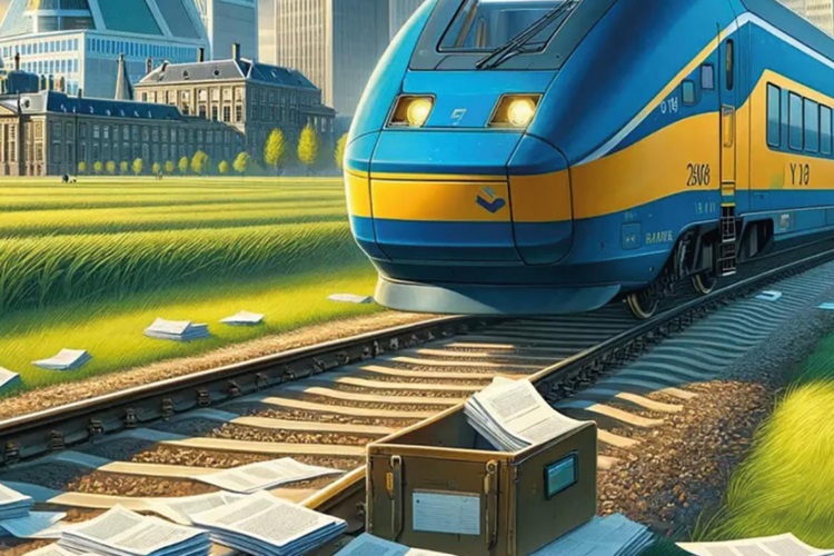 AI gegenereerde afbeelding van pagina's papier die op spoorrails liggen, een trein nadert. Op de achtergrond de torens van departementen in Den Haag