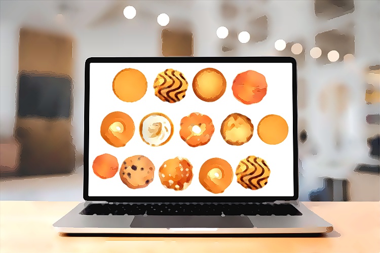 Schildering van rijen koekjes op het beeldscherm van een geopende laptop