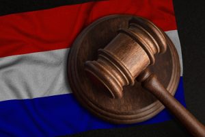 Nederlandse vlag met hamer van de rechter er bovenop