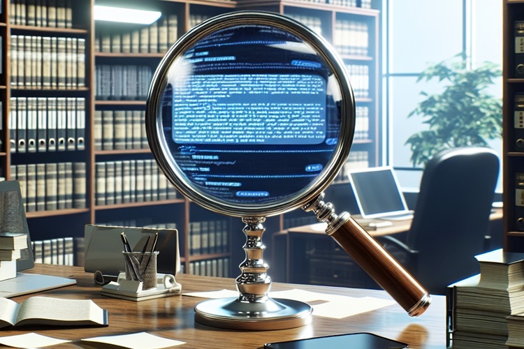 Vergrootglas boven een AI-aangedreven chatbot in de officiële kantoorruimte, AI-gegenereerd beeld