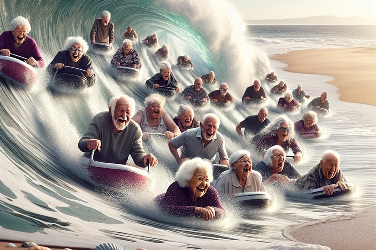 Golf vol met oude mensen met grijs haar spoelt aan op het strand, AI gegenereerd
