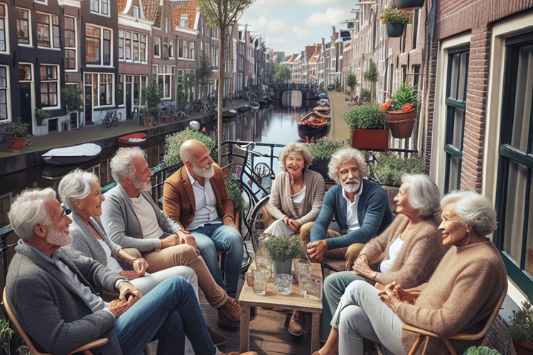 Oudere mensen met grijs haar zitten op een terrasje aan een gracht in Nederland, AI gegenereerd