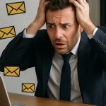 man in pak achter zijn bureau gefrustreerd omdat hij zijn e-mailberichten niet meer kan vinden