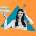Compositie van vrouw met verbaasde blik en vraagteken boven haar hoofd