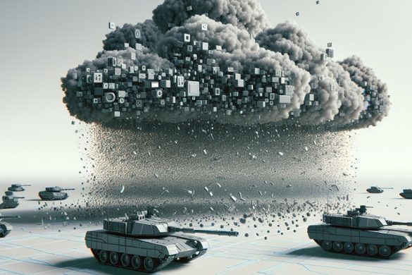 Grijze wolken van data hangen laag boven de grond, kleine tanks botsen tegen de wolken aan