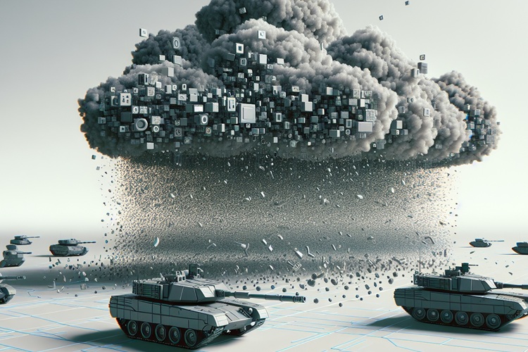 Grijze wolken van data hangen laag boven de grond, kleine tanks botsen tegen de wolken aan