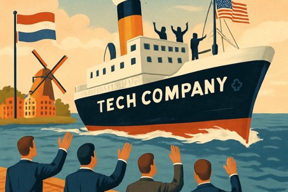 Techbedrijf staat op een boot, verhuist van Nederland naar de verenigde staten, zakenlieden staan de boot uit te zwaaien op de kade, AI gegenereerd